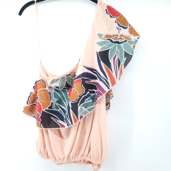 Free People Boho Annka Linen Floral Botanical One Shoulder Flutter SleeveTank S - Picture 8 of 10